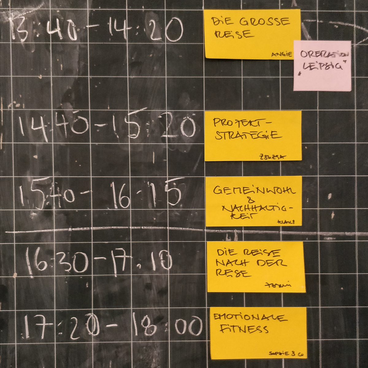 Auf einer Tafel hängen gelbe Post-Its mit den Themen: 1. Die große Reise, 2. Projektstrategie, 3. Gemeinwohl und Nachhaltigkeit, 4. Die Reise nach der Reise und 5. Emotionale Fitness. Daneben stehen Uhrzeiten.